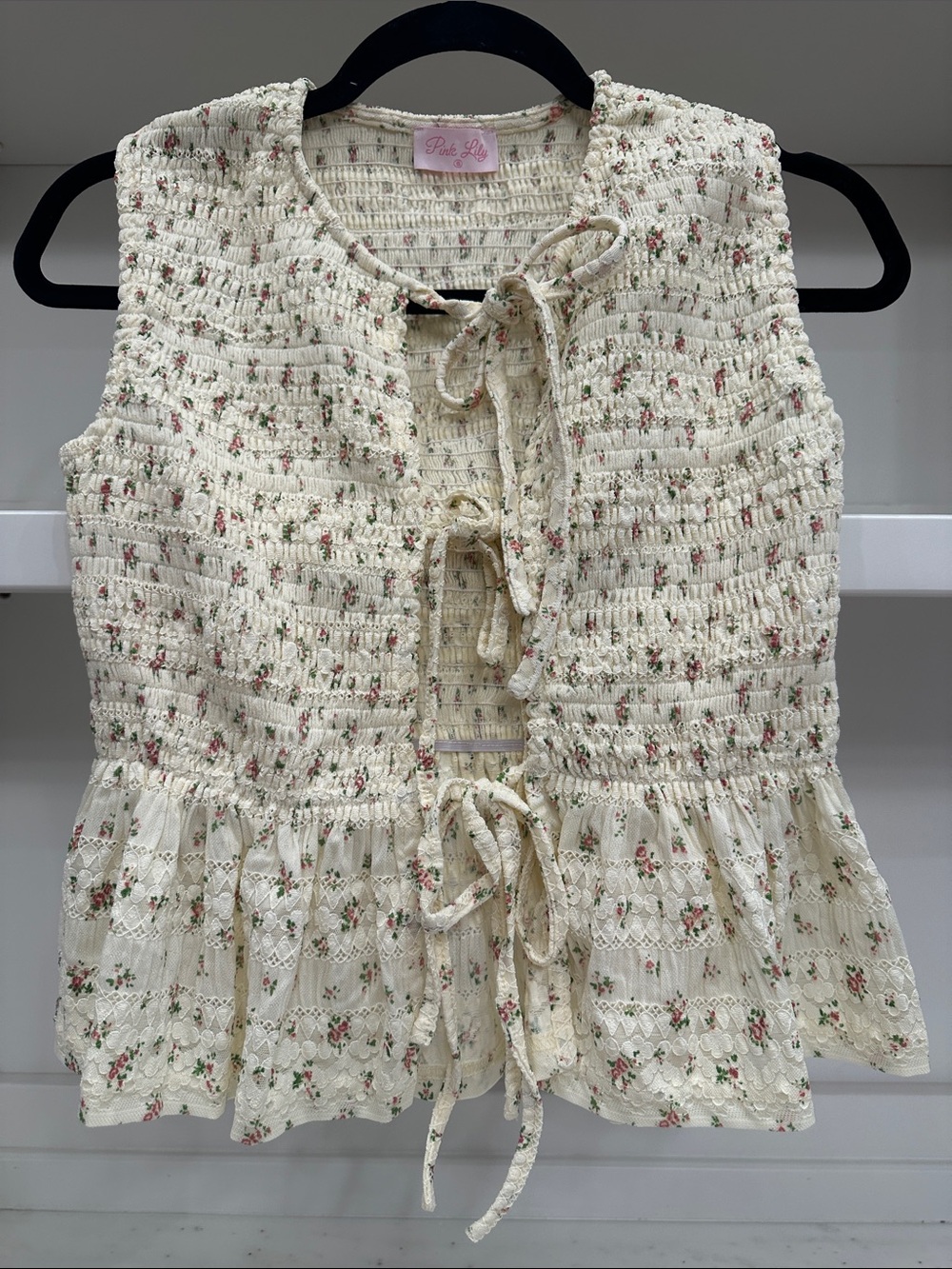 Pink Lily small Cream Floral Tie-Front Smocked Peplum Top.  Like new